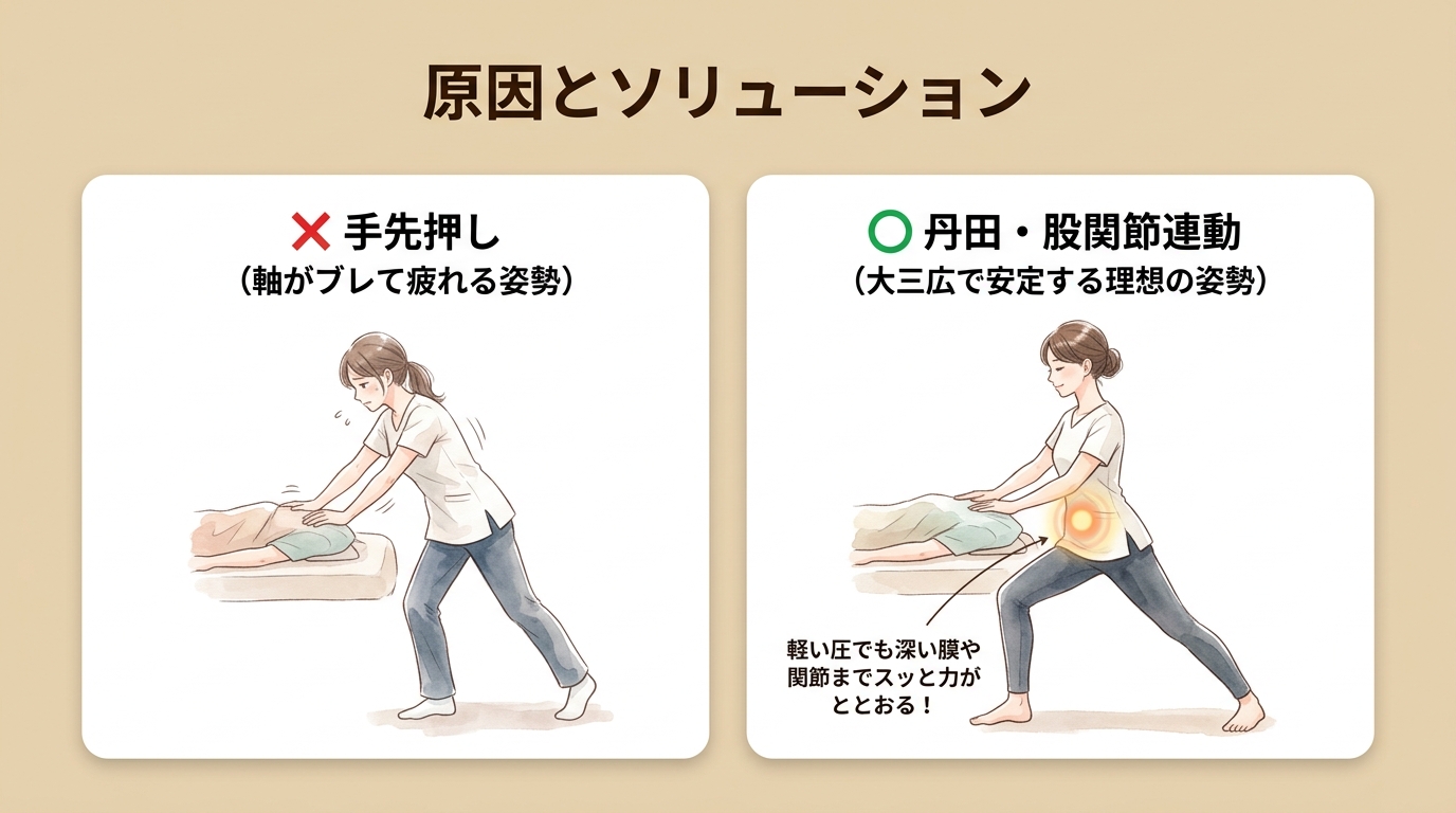 原因とソリューション 手先押しvs丹田・股関節連動（大三広）