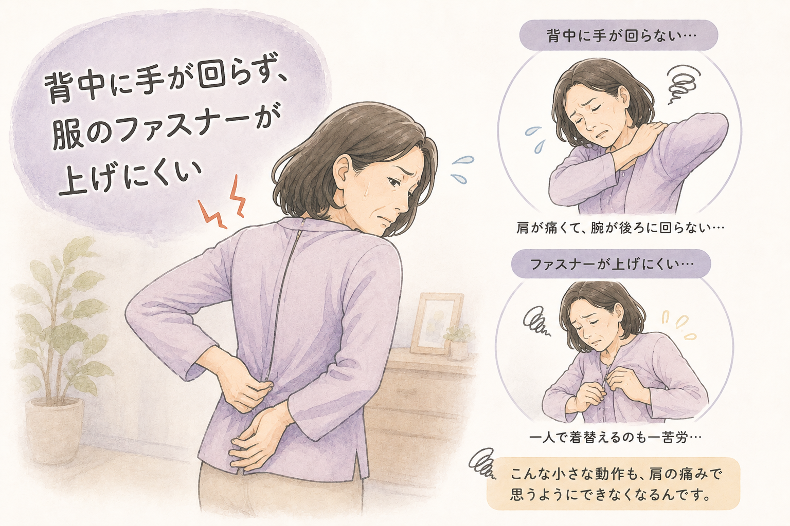 背中に手が回らず、服のファスナーが上げにくい